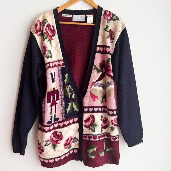 Vintage Jantzen Classics Colourful Floral Bell Christmas Cardigan L - Picture 1 of 9